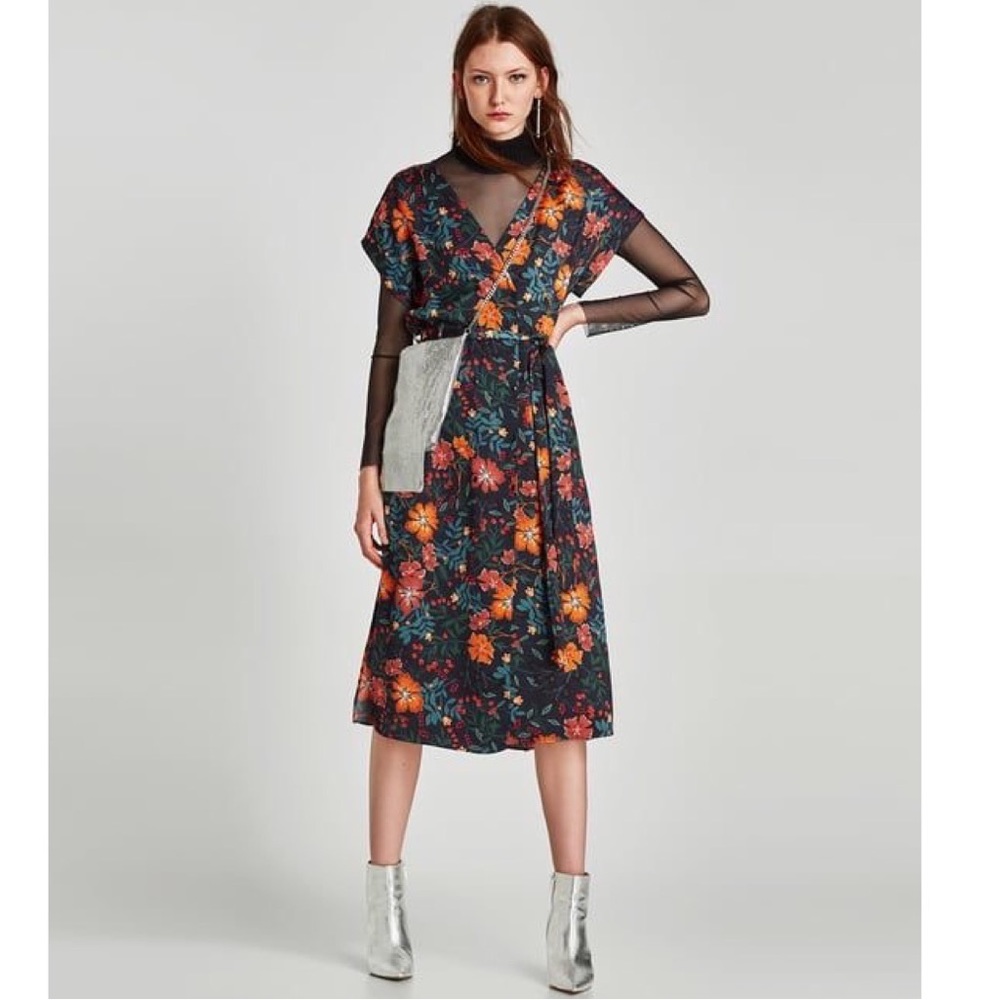 5/$25 ZARA Shirt Tunic FLORAL PRINT MIDI DOUBLE BREASTED DRESS BELT